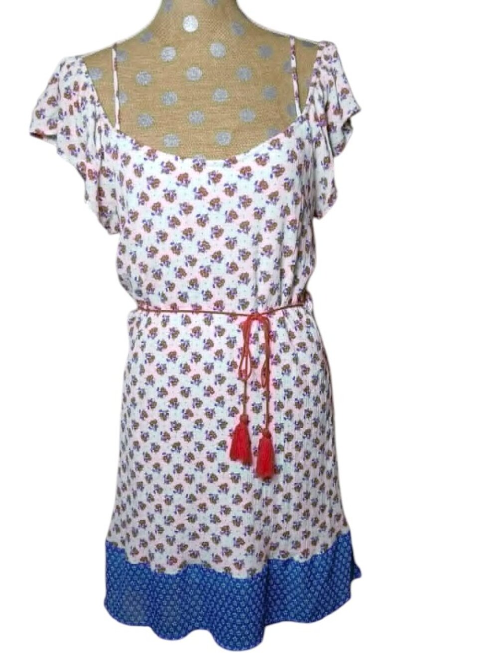 Justfab Rayon Red White Blue Floral Sundress Cold Shoulder L